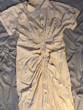 Cream Button-Front Ruched Shirt Dress